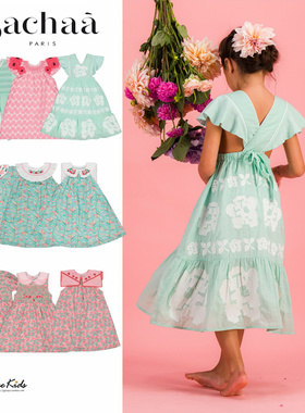 5ZShinyee▲bachaa ss24春夏儿童法式印花短袖连衣裙刺绣打揽长裙