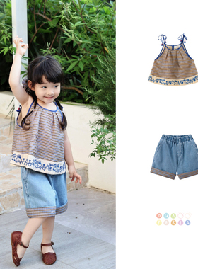 Shinyee▲Dua perla ss26春夏新款女童格子刺绣吊带上衣牛仔短裤