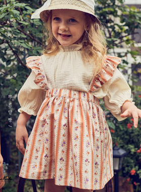 5折 韩国pour 春夏女童花边领短袖衬衫女宝洋气碎花裙子背带裙