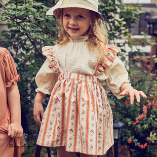 5折 韩国pour 春夏女童花边领短袖衬衫女宝洋气碎花裙子背带裙