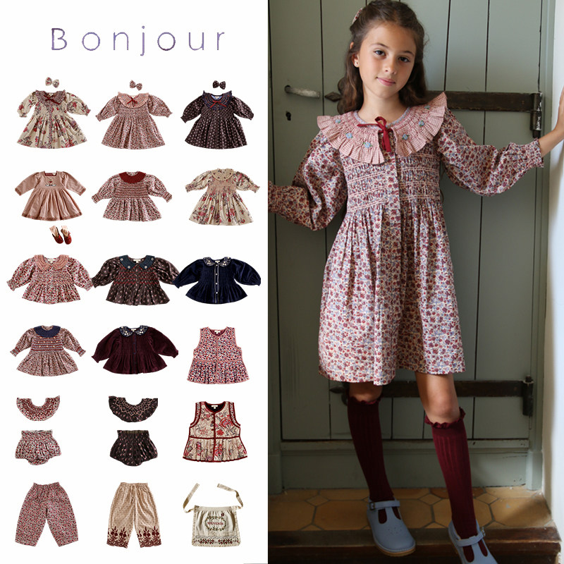 Shinyee▲bonjour aw26女童碎花连衣裙复古翻领长袖公主裙马甲
