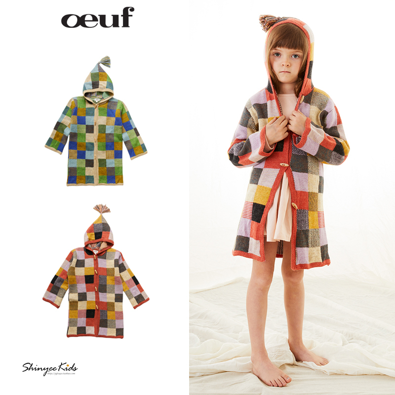 儿童羊驼毛彩色格子针织开衫oeuf