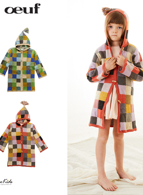 Shinyee▲oeuf 秋冬儿童羊驼毛彩色格子针织开衫长款外套