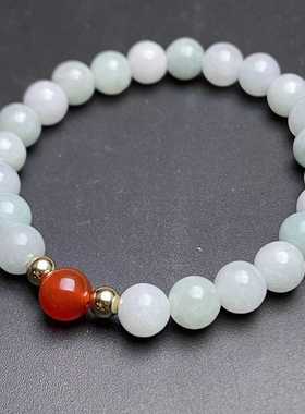 A货翡翠圆珠搭玛瑙简约款糯种单圈手串缅甸天然玉石手链【微瑕】