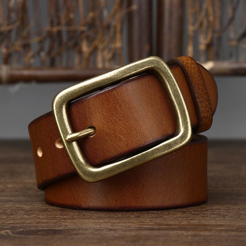 欧美阿美咔叽复古植鞣牛皮带男真皮铜扣青年腰带男士休闲百搭潮流