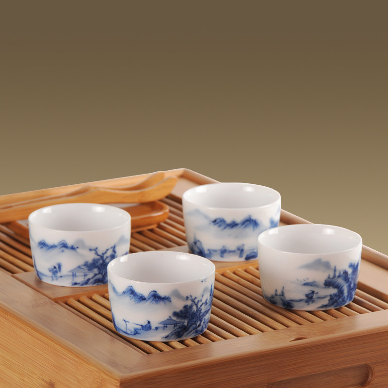 怡品堂 景德镇陶瓷茶具渔樵耕读 手绘青花瓷茶杯 功夫茶杯套装