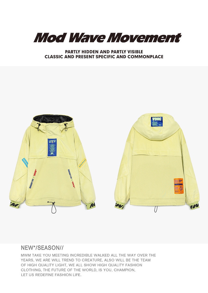 MWM木村井泓OOXOO潮牌冬欧美拼色灯芯绒绣花宽松贴标连帽棉服外套