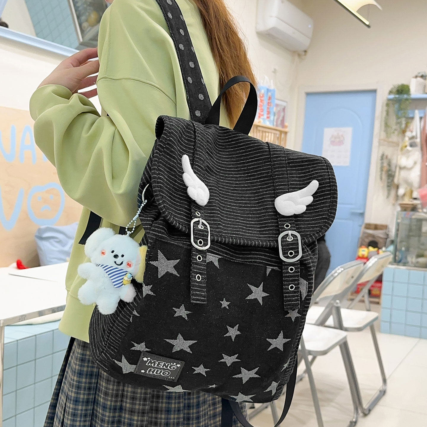 牛仔布书包女大学生设计感小众百搭轻便双肩包日系条纹星星背包潮