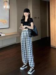 Plaid wide leg pants women's pants 2021 summer high waist and thin drape feeling straight tube drawstring casual pants