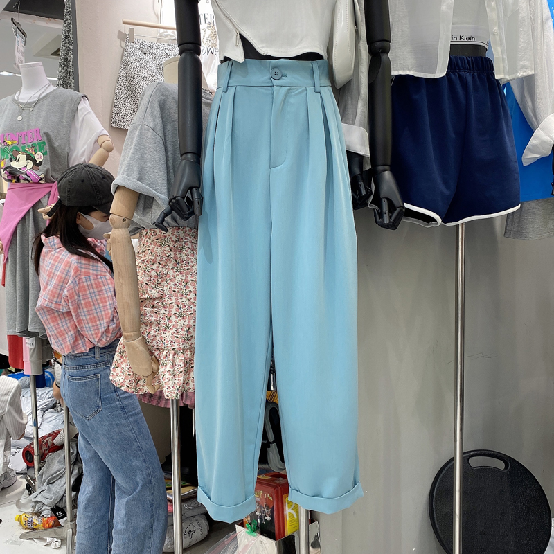 South Korea dongdamen spring new high waist versatile loose show thin solid straight tube suit Pants Capris