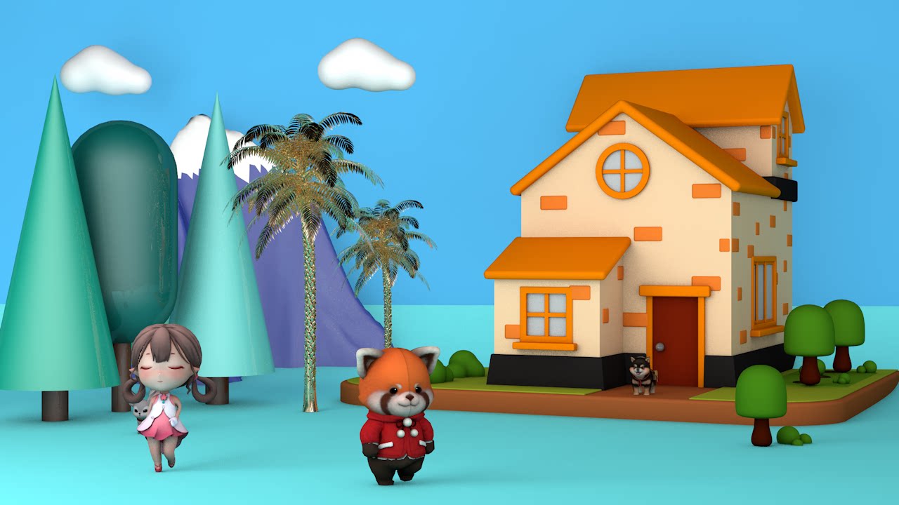 c4d动画c231229-1房屋 小浣熊动画 c4d设计素材c4d源文件工程文件