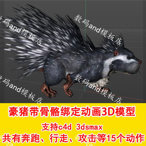豪猪3d模型骨骼绑定动画动物模型fbxobj三维模型豪猪模型 c4d豪猪