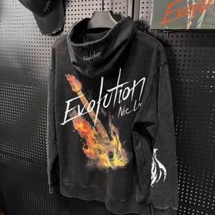 Evolution火焰吉他2025谢霆锋进化演唱会洗水做旧长袖帽衫卫衣