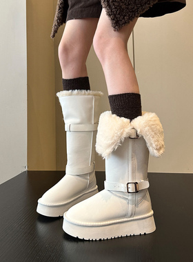 一点都不冷+冬季加绒牛皮防水增高厚底东北高筒雪地靴女长筒棉靴