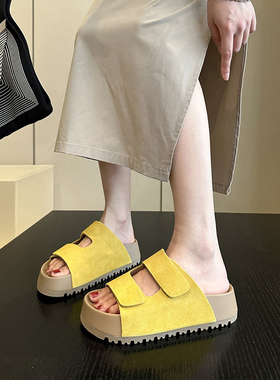 夏季趋势推荐~韩版真皮厚底懒人露趾拖鞋女一字拖外穿罗马凉拖鞋