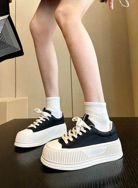 一双不能错过的小白鞋~全真皮增高厚底板鞋女韩版黑白休闲饼干鞋