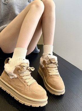 保暖也能时髦~new真皮羊羔毛加绒板鞋雪地靴女棉鞋厚底防滑毛毛鞋