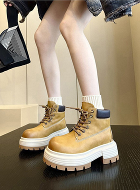 新品尖货+牛皮厚底增高马丁靴女大黄靴轻便户外不累脚工装靴短靴
