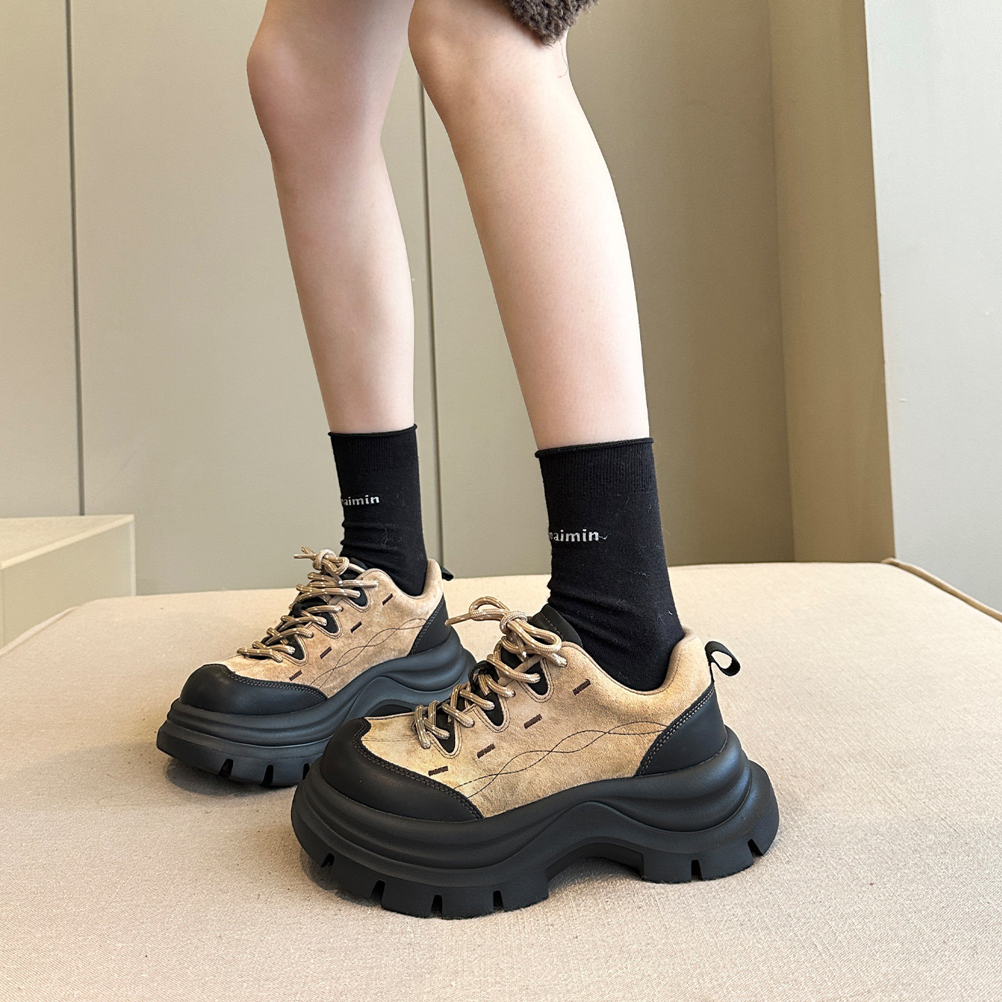 东大门流行+韩货牛皮配阔腿裤增高登山户外厚底老爹鞋女鞋运动鞋,女鞋,老爹鞋,淘宝优惠券,粉丝福利购,淘宝优惠卷