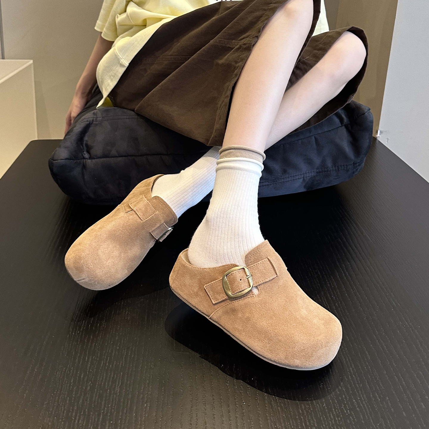 格雷系穿搭推荐~新款牛皮懒人一脚蹬厚底勃肯鞋半拖鞋女包头拖鞋