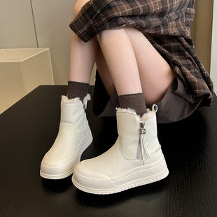羊羔毛加绒牛皮真皮防水白色厚底雪地靴女棉靴棉鞋 暖脚神器 冬季