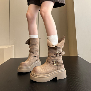 秋冬炸街真香 潮酷girl绒面皮带扣两穿厚底中筒靴马丁靴女短靴子