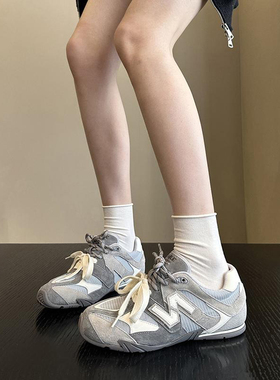 wsws灰色真皮平底复古阿甘鞋女德训鞋休闲鞋软底显脚小新品运动鞋