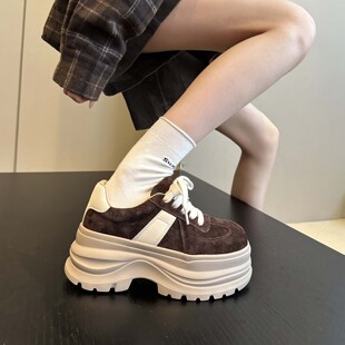 秋季 女老爹鞋 牛皮配阔腿裤 德训鞋 显瘦增高松糕厚底鞋 品质美拉德