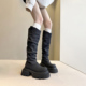 腿魔炸街 秋冬韩货厚底v口褶皱堆堆高筒靴女显瘦长筒靴增高骑士靴