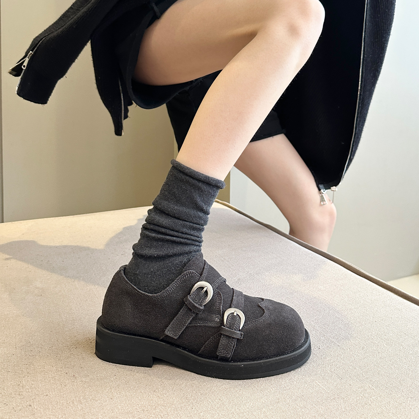 加绒皮带扣布洛克鞋小皮鞋真皮