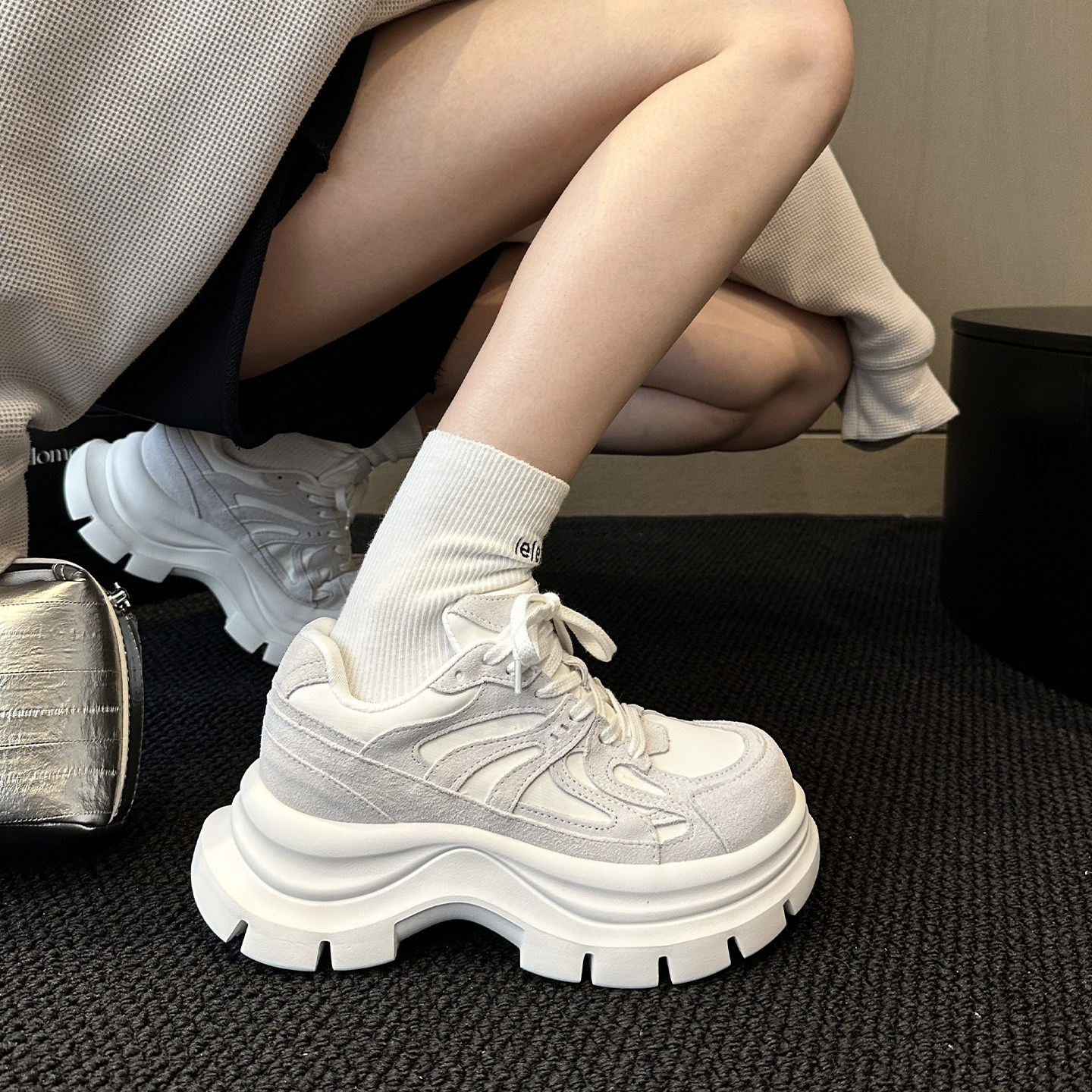 WSWS｜春季新款韩版真皮配阔腿裤轻便厚底增高运动老爹鞋女休闲鞋,女鞋,老爹鞋,淘宝优惠券,粉丝福利购,淘宝优惠卷