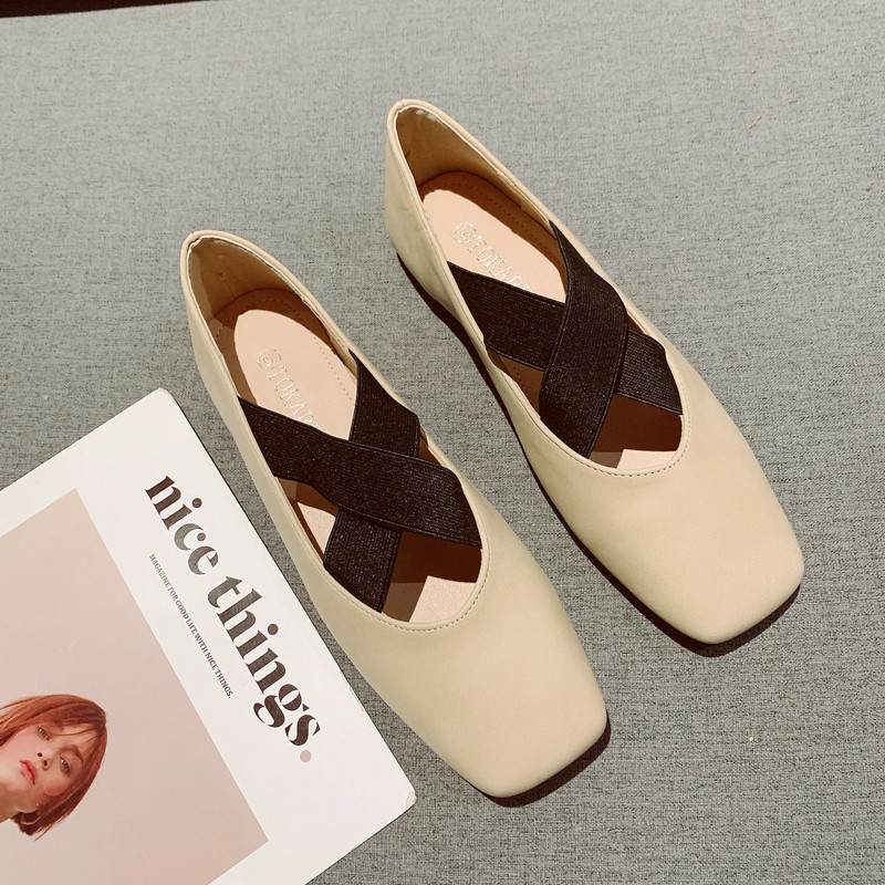 弹力交叉松紧带复古方头平底单鞋女2025年新款简约舒适软底豆豆鞋,女鞋,浅口单鞋,淘宝优惠券,粉丝福利购,淘宝优惠卷
