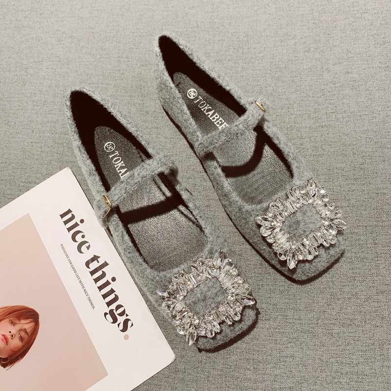 水钻方扣一字带浅口玛丽珍单鞋女