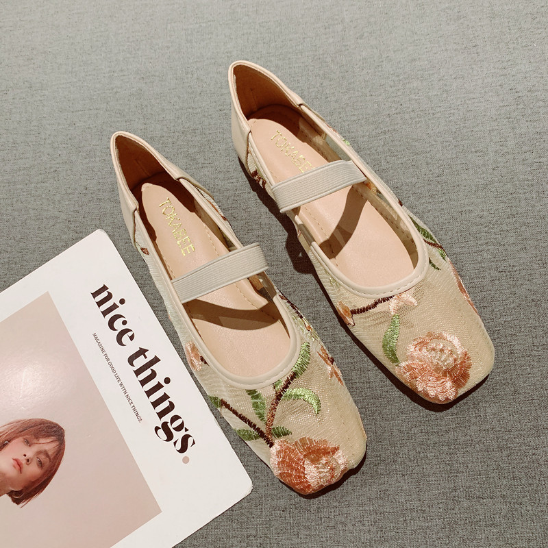 中式复古刺绣玛丽珍单鞋2025年新款网纱透气方头平底芭蕾舞豆豆鞋,女鞋,浅口单鞋,淘宝优惠券,粉丝福利购,淘宝优惠卷