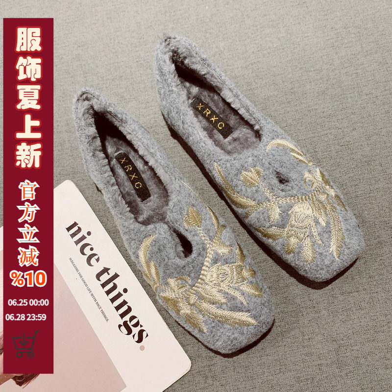 刺绣花朵复古方头软底豆豆鞋女2025年新款一脚套加绒毛毛鞋平底鞋