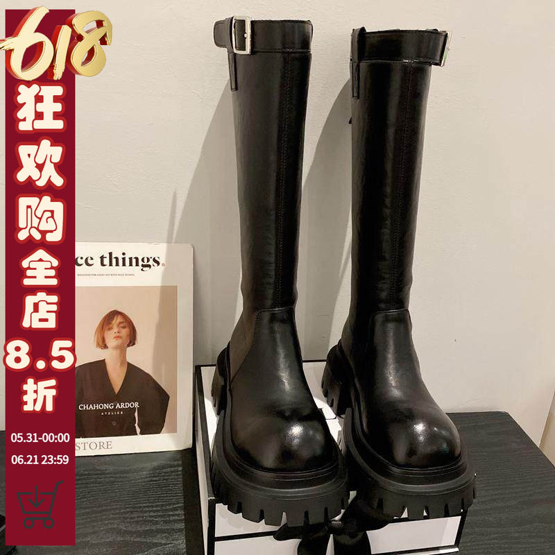 欧货2026冬新款软皮皮带扣后拉链高筒靴圆头厚底增高不过膝长靴女