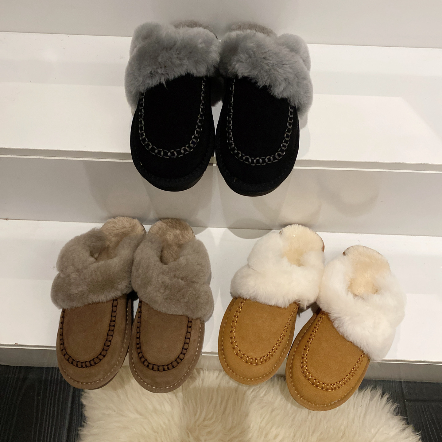 磨砂牛皮复古圆头包头羊毛半拖鞋