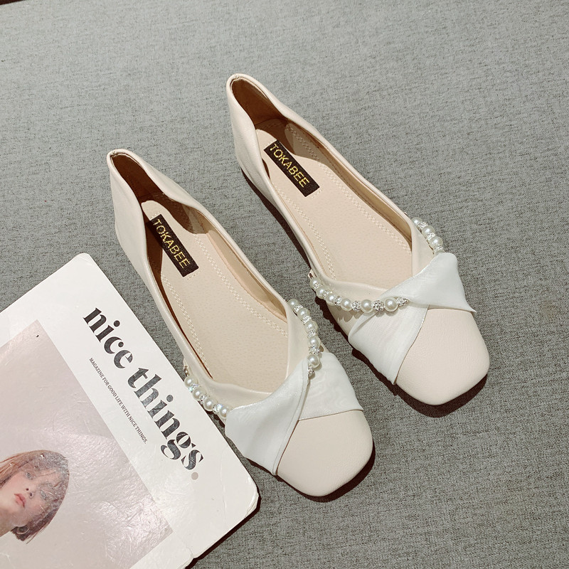 甜美珍珠装饰香风平底鞋女2025年新款浅口方头舒适软底豆豆鞋单鞋,女鞋,浅口单鞋,淘宝优惠券,粉丝福利购,淘宝优惠卷