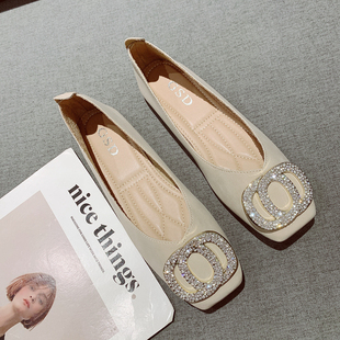 2025年新款时尚水钻金属扣复古方头软底豆豆鞋女简约百搭平底单鞋