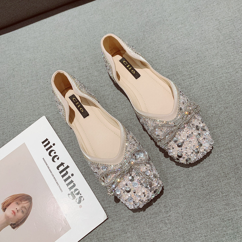 仙女风水钻蝴蝶结软底豆豆鞋女2025年新款水钻面浅口方头平底单鞋,女鞋,浅口单鞋,淘宝优惠券,粉丝福利购,淘宝优惠卷