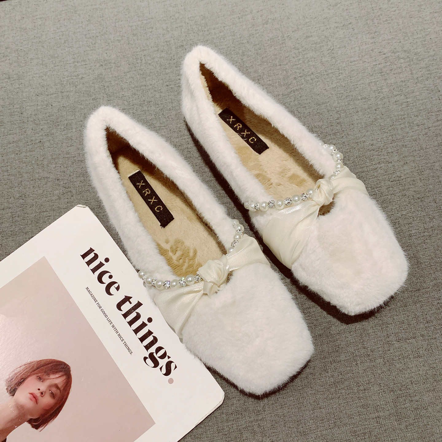 甜美珍珠装饰加绒保暖毛毛鞋女