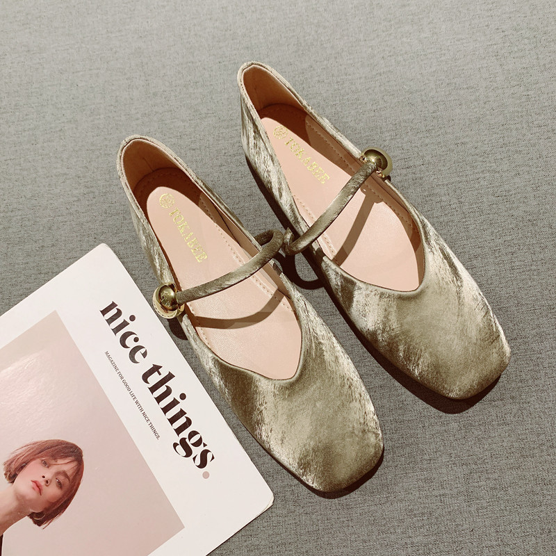 复古方头一字玛丽珍鞋浅口平底鞋