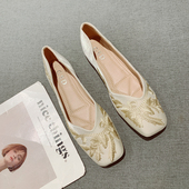 复古刺绣侧空瓢鞋 国风新中式 大码 软底旗袍鞋 尖头平底单鞋 2025新款