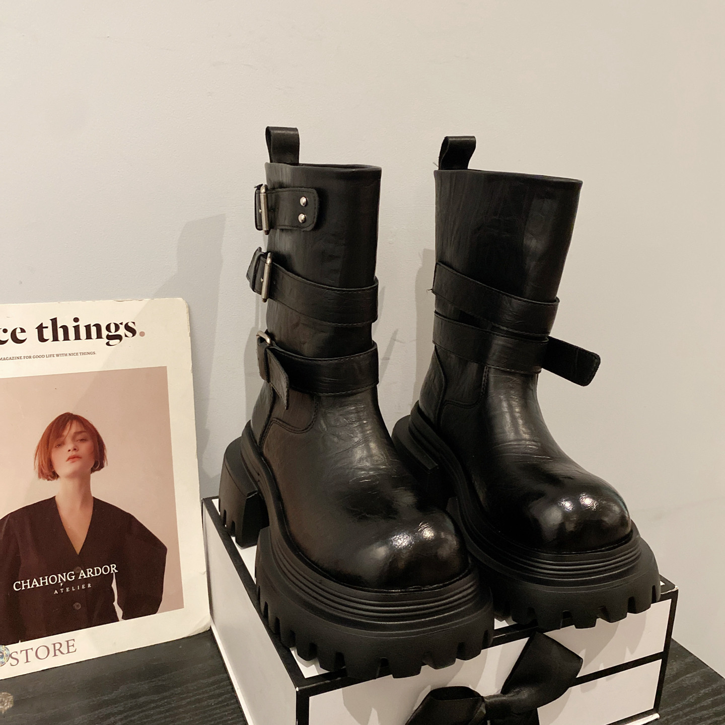 皮带扣装饰增高厚底套筒时装靴女