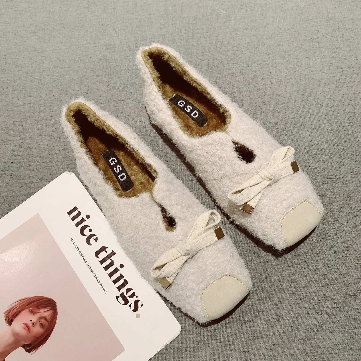 蝴蝶结一脚蹬软底豆豆鞋女毛毛鞋