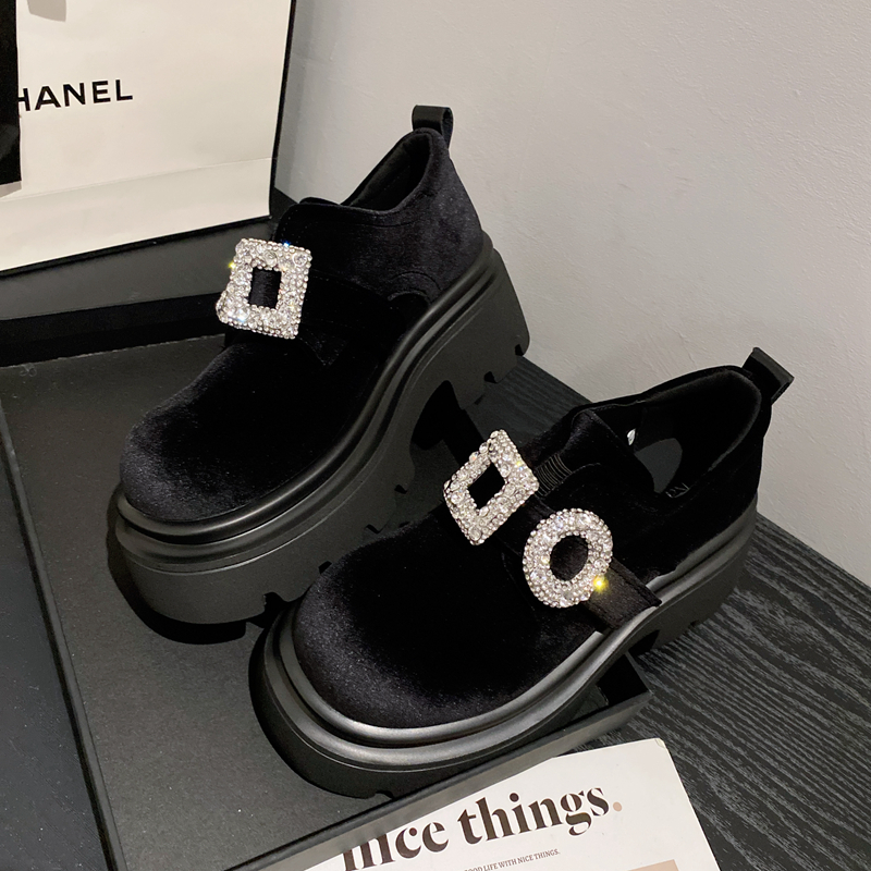 复古魔术贴厚底增高水钻小皮鞋