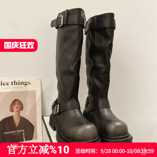 复古机车厚底显瘦长筒骑士靴女