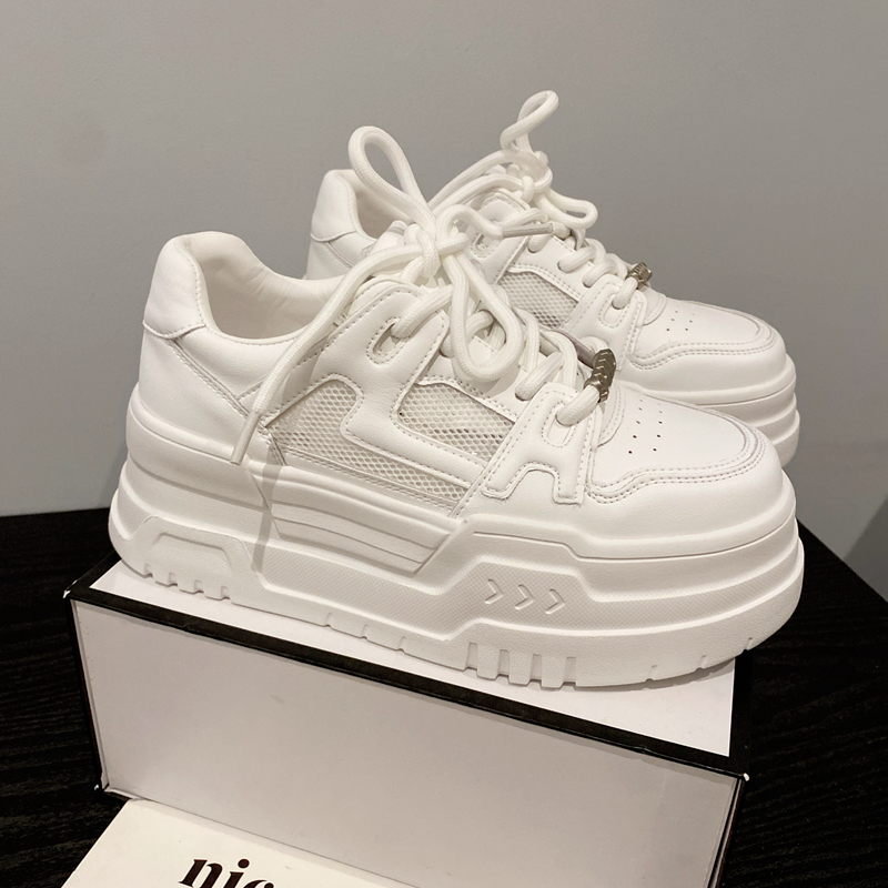 真皮厚底小白鞋女透气网面休闲鞋