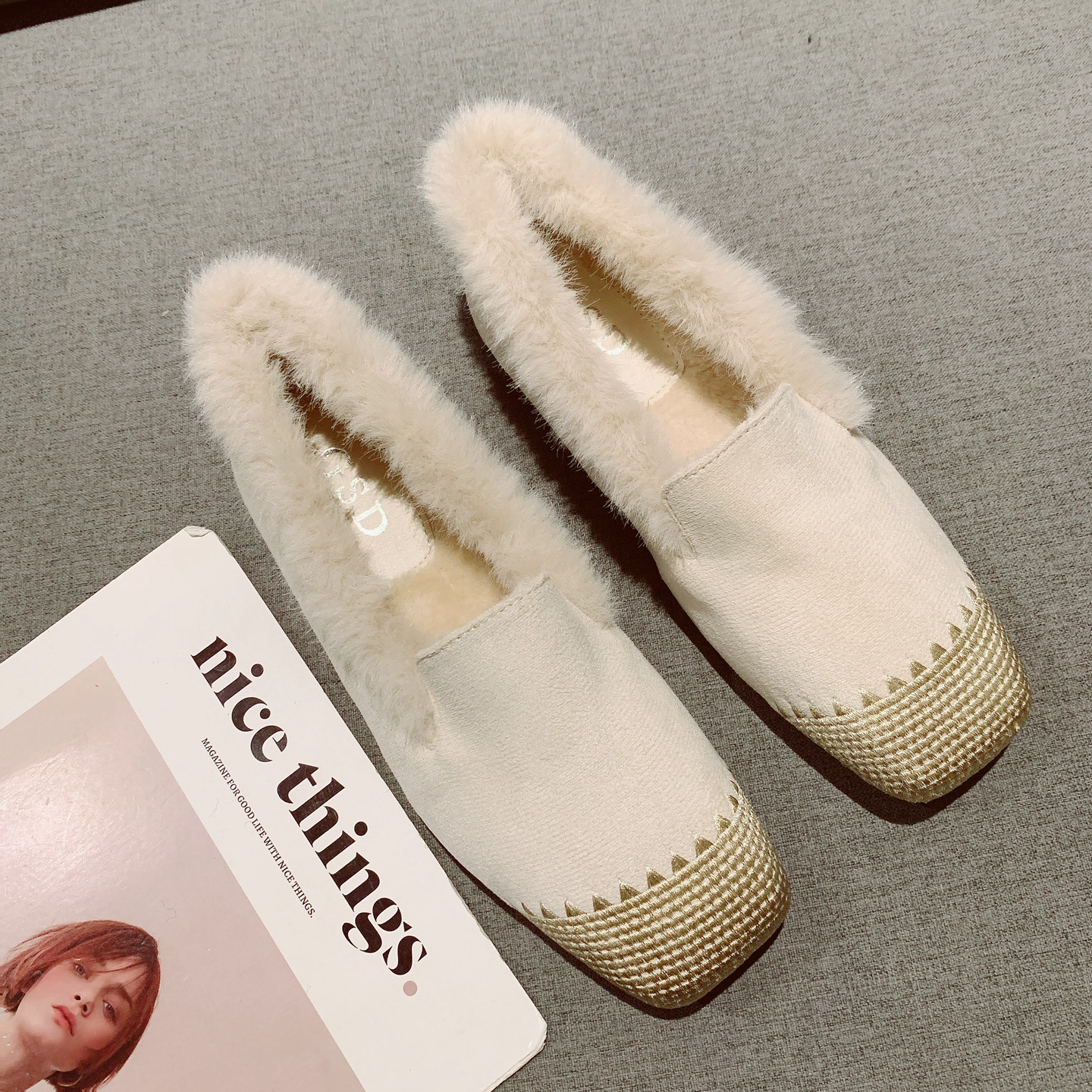 一脚蹬复古方头软底豆豆鞋毛毛鞋