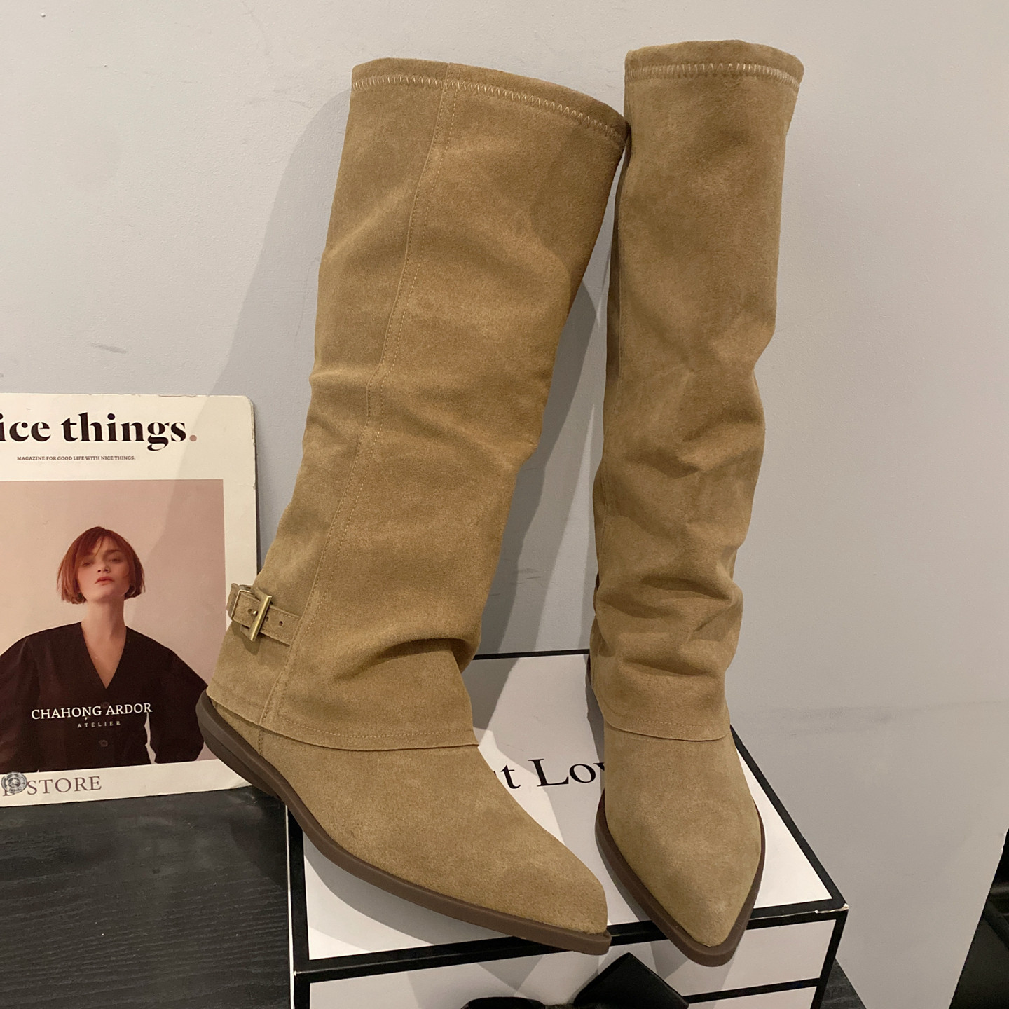 磨砂皮显瘦尖头套筒堆堆靴高筒靴